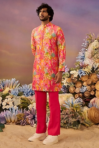 Rani Pink Silk Printed Kurta Set by Jayesh and Kaajal Shah Men