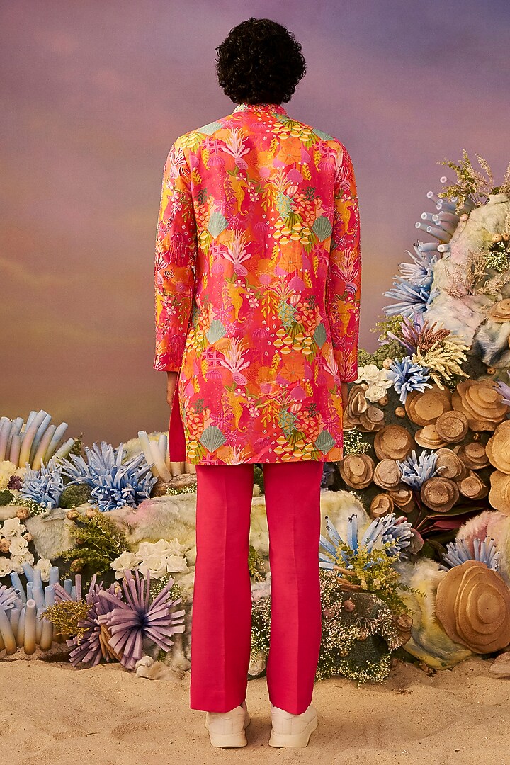 Rani Pink Silk Printed Kurta Set by Jayesh and Kaajal Shah Men at Pernia's Pop Up Shop