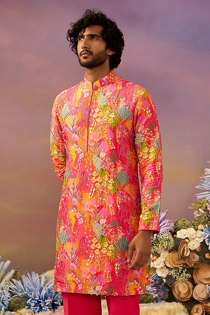 Rani Pink Silk Printed Kurta Set by Jayesh and Kaajal Shah Men at Pernia's Pop Up Shop