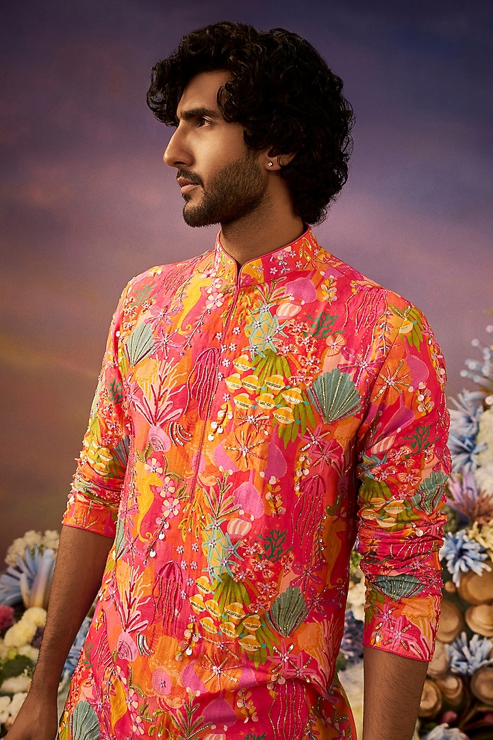 Rani Pink Silk Printed Kurta Set by Jayesh and Kaajal Shah Men at Pernia's Pop Up Shop