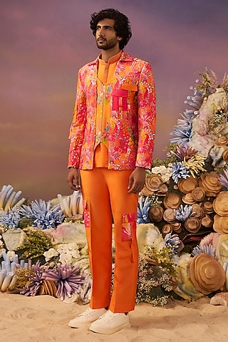Orange Silk Printed Indowestern Set by Jayesh and Kaajal Shah Men