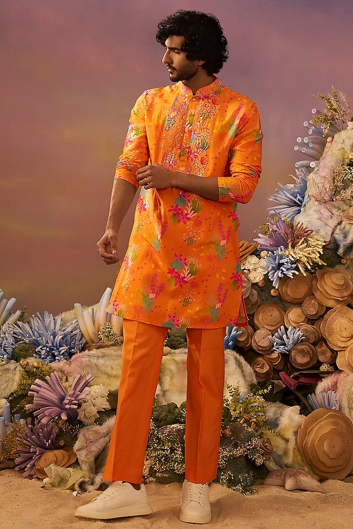 Orange Cotton Silk Printed Kurta Set by Jayesh and Kaajal Shah