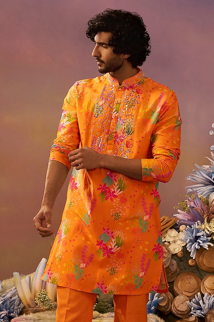 Orange Cotton Silk Printed Kurta Set by Jayesh and Kaajal Shah Men at Pernia's Pop Up Shop