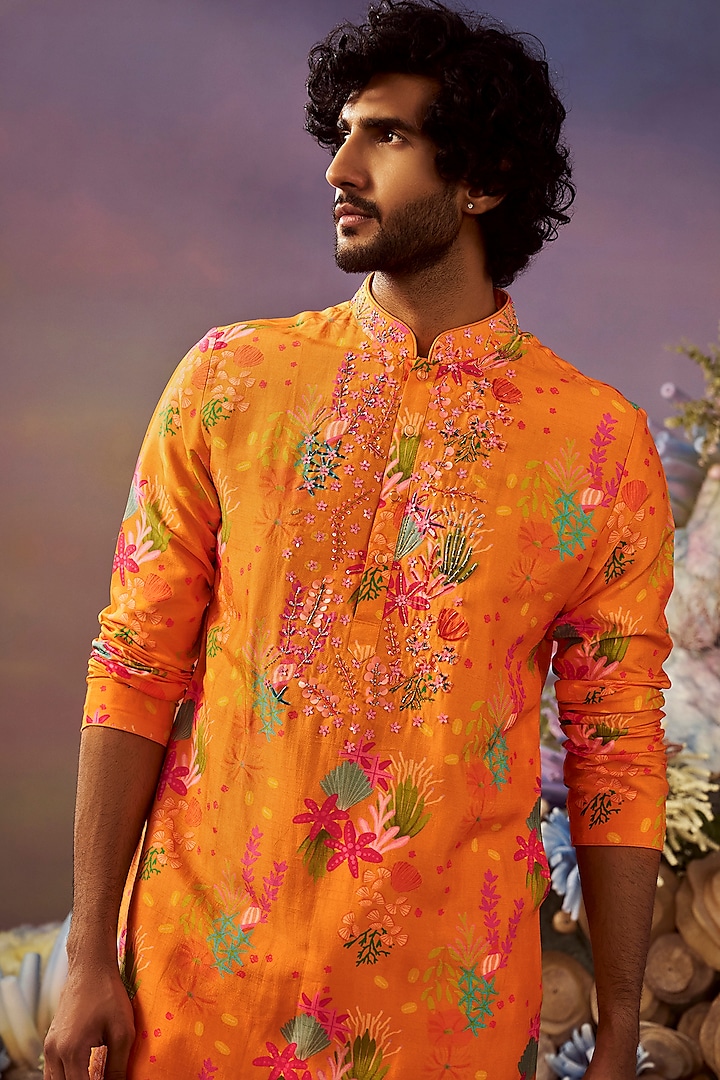 Orange Cotton Silk Printed Kurta Set by Jayesh and Kaajal Shah Men at Pernia's Pop Up Shop