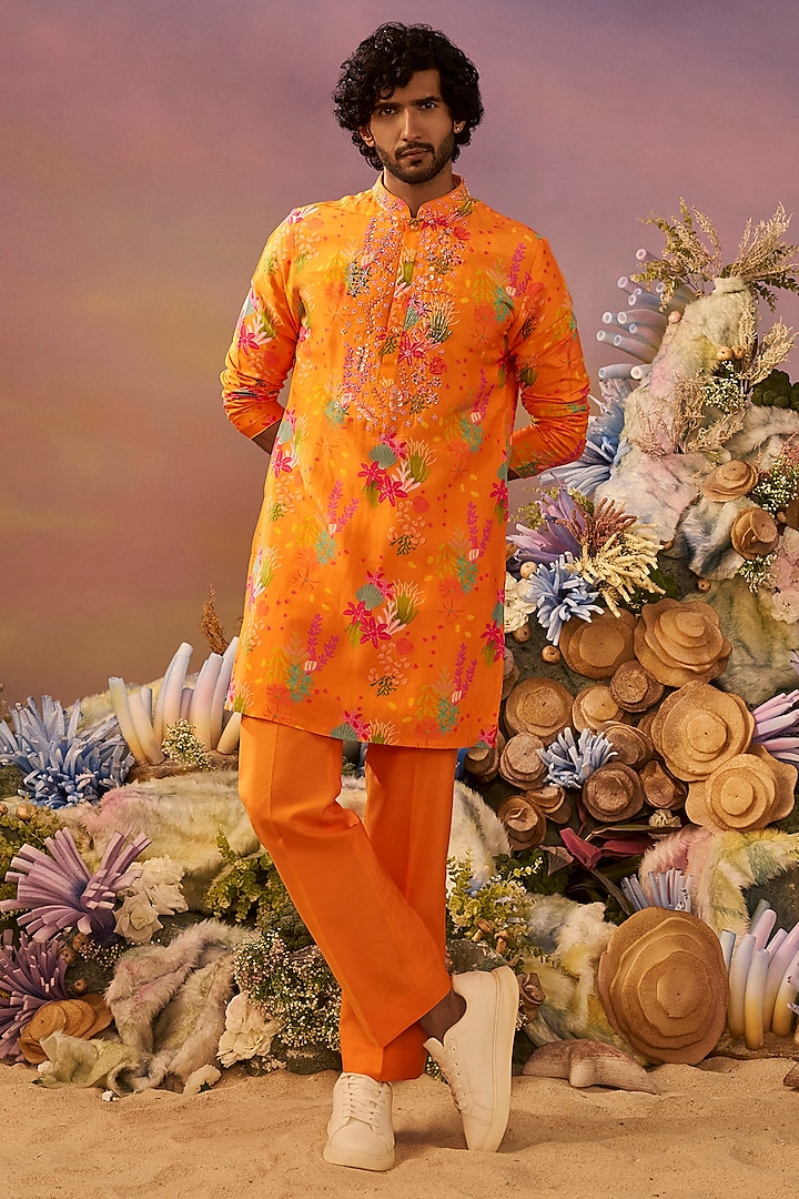 Orange Cotton Silk Printed Kurta Set by Jayesh and Kaajal Shah Men at Pernia's Pop Up Shop
