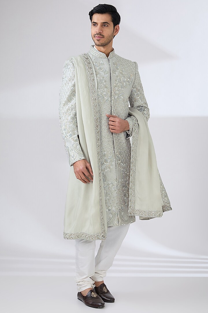 Grey Raw Silk Sherwani Set by Jayesh and Kaajal Shah Men at Pernia's Pop Up Shop