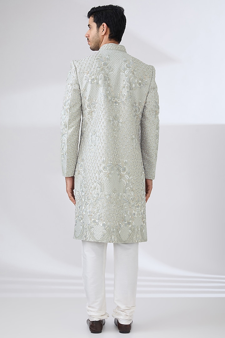 Grey Raw Silk Sherwani Set by Jayesh and Kaajal Shah Men at Pernia's Pop Up Shop