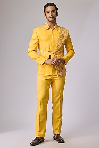 Yellow Silk Bomber Jacket Set by Jayesh and Kaajal Shah Men
