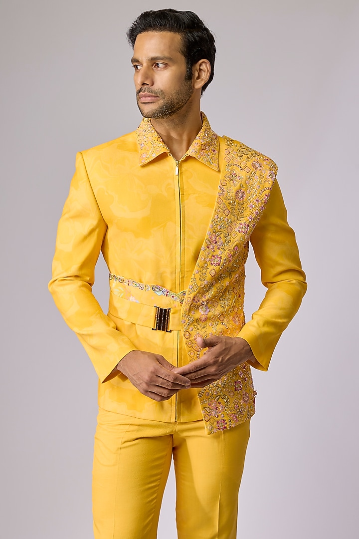 Yellow Silk Bomber Jacket Set by Jayesh and Kaajal Shah Men at Pernia's Pop Up Shop