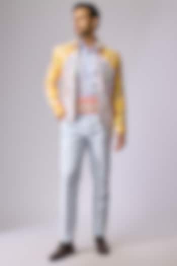 Sky Blue & Yellow Silk Bomber Jacket Set by Jayesh and Kaajal Shah Men at Pernia's Pop Up Shop