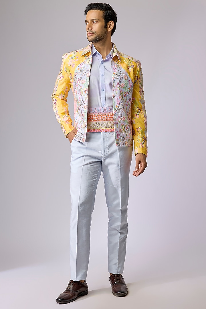Sky Blue & Yellow Silk Bomber Jacket Set by Jayesh and Kaajal Shah Men at Pernia's Pop Up Shop