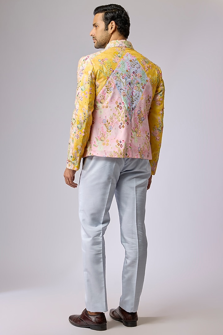 Sky Blue & Yellow Silk Bomber Jacket Set by Jayesh and Kaajal Shah Men at Pernia's Pop Up Shop