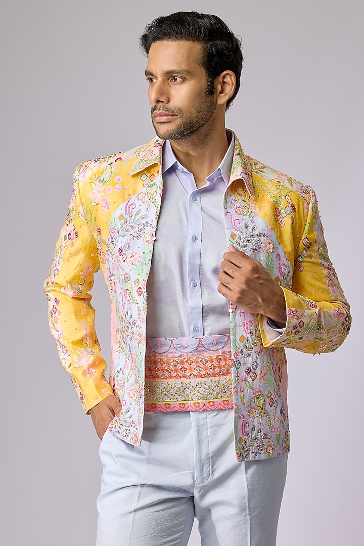 Sky Blue & Yellow Silk Bomber Jacket Set by Jayesh and Kaajal Shah Men at Pernia's Pop Up Shop