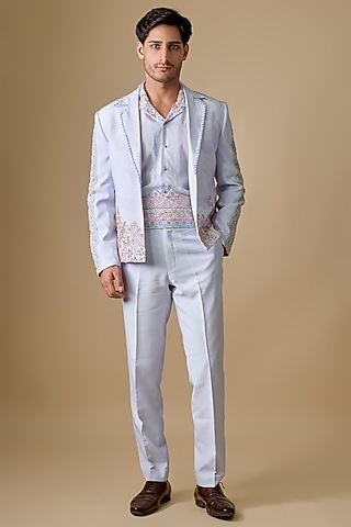 Sky Blue Silk Jacket Set by Jayesh and Kaajal Shah Men