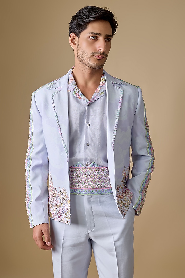 Sky Blue Silk Jacket Set by Jayesh and Kaajal Shah Men at Pernia's Pop Up Shop