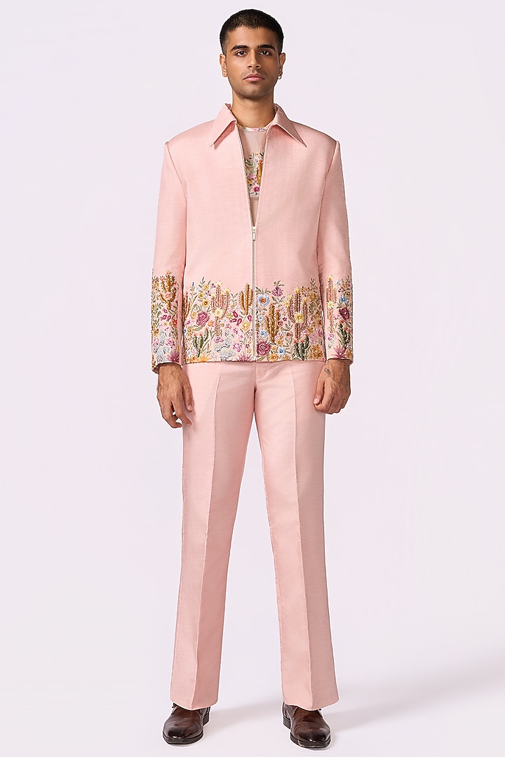 Peach Silk Bomber Jacket Set by Jayesh and Kaajal Shah Men at Pernia's Pop Up Shop