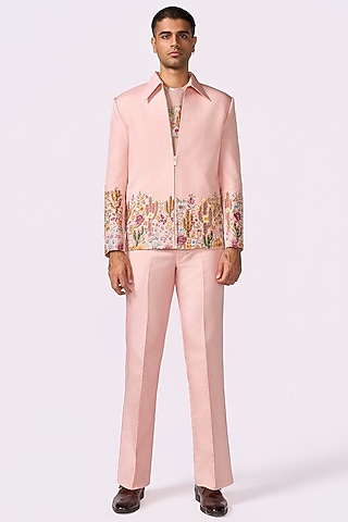 Peach Silk Bomber Jacket Set by Jayesh and Kaajal Shah Men