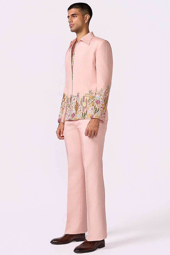 Peach Silk Bomber Jacket Set by Jayesh and Kaajal Shah Men at Pernia's Pop Up Shop