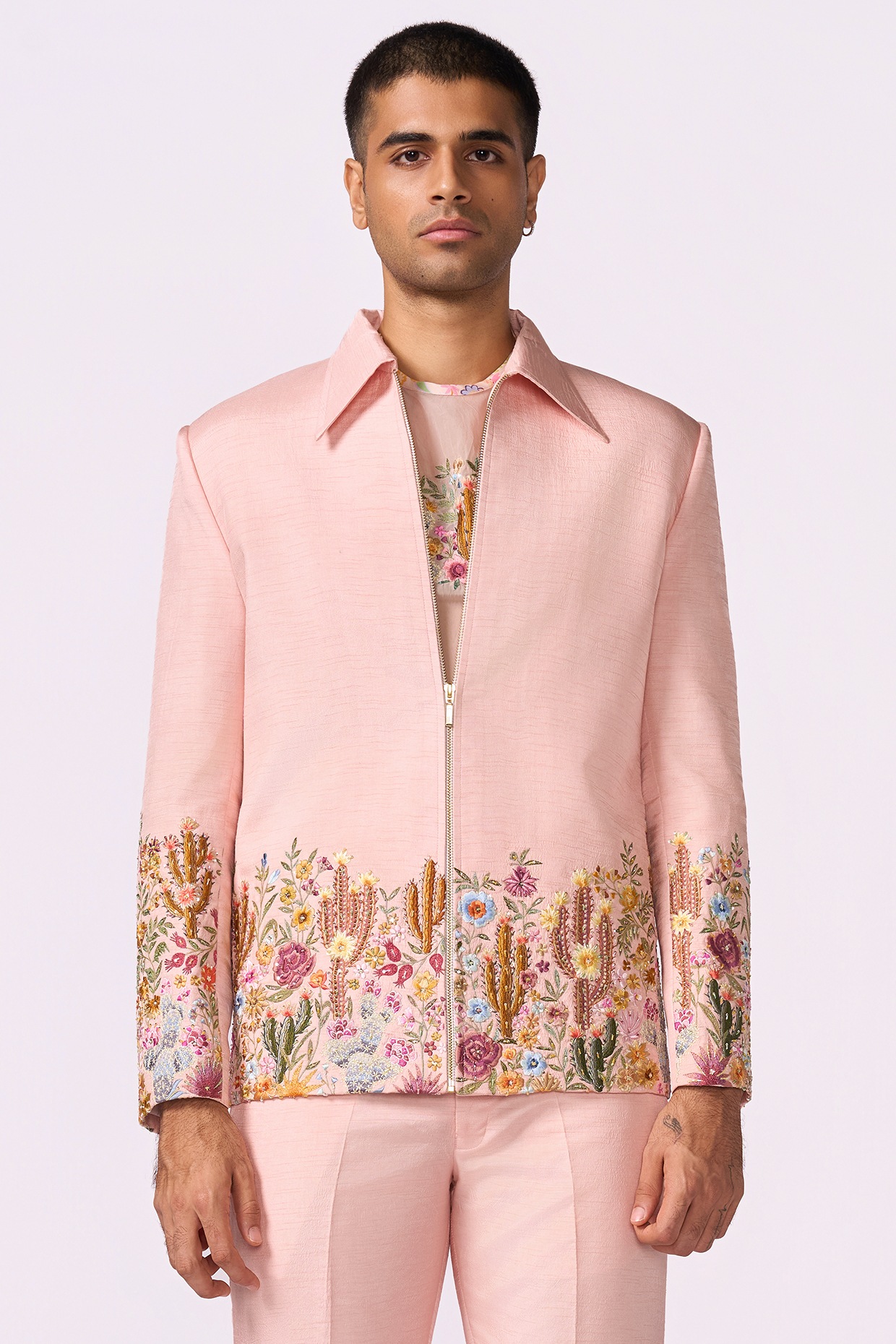 Peach Silk Bomber Jacket Set by Jayesh and Kaajal Shah Men at