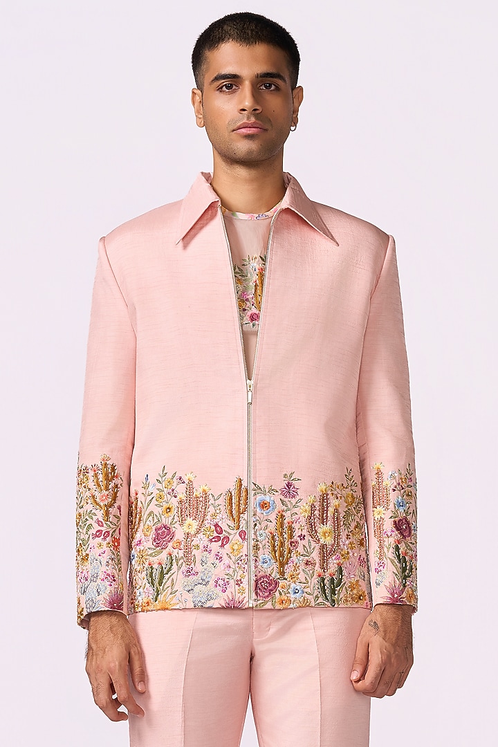 Peach Silk Bomber Jacket Set by Jayesh and Kaajal Shah Men at Pernia's Pop Up Shop