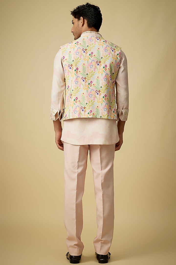Peach Silk Bundi Jacket Set by Jayesh and Kaajal Shah Men at Pernia's Pop Up Shop