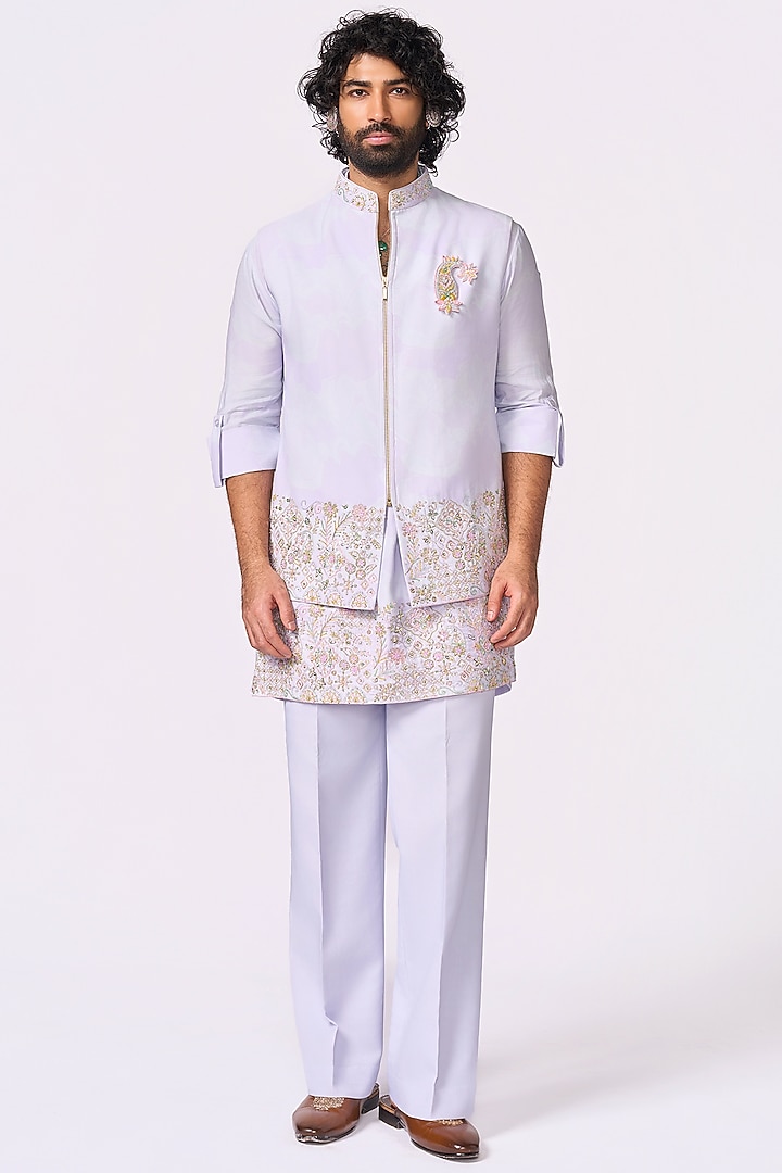 Skye Blue Silk Bundi Set by Jayesh and Kaajal Shah Men at Pernia's Pop Up Shop