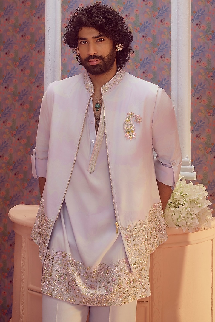 Skye Blue Silk Bundi Set by Jayesh and Kaajal Shah Men at Pernia's Pop Up Shop