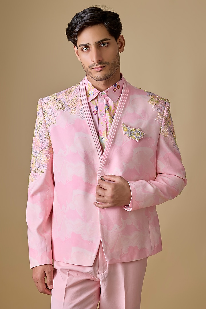 Pink Silk Jacket Set by Jayesh and Kaajal Shah Men at Pernia's Pop Up Shop