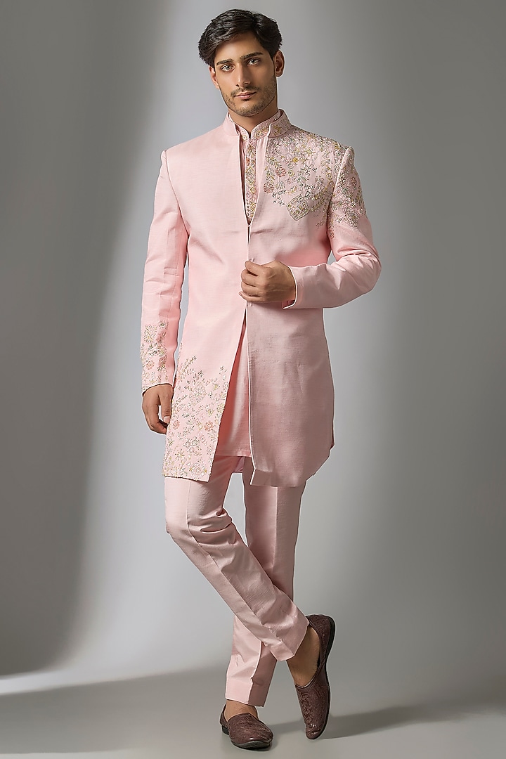 Blush Pink Silk Indo-Western Set by Jayesh and Kaajal Shah Men at Pernia's Pop Up Shop