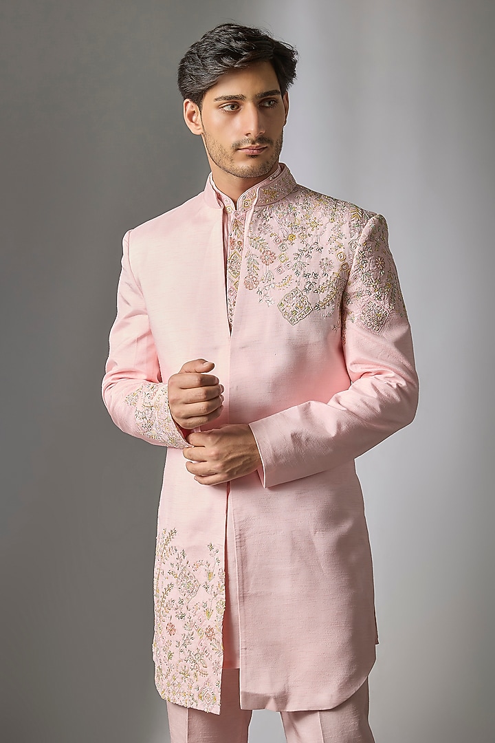 Blush Pink Silk Indo-Western Set by Jayesh and Kaajal Shah Men at Pernia's Pop Up Shop