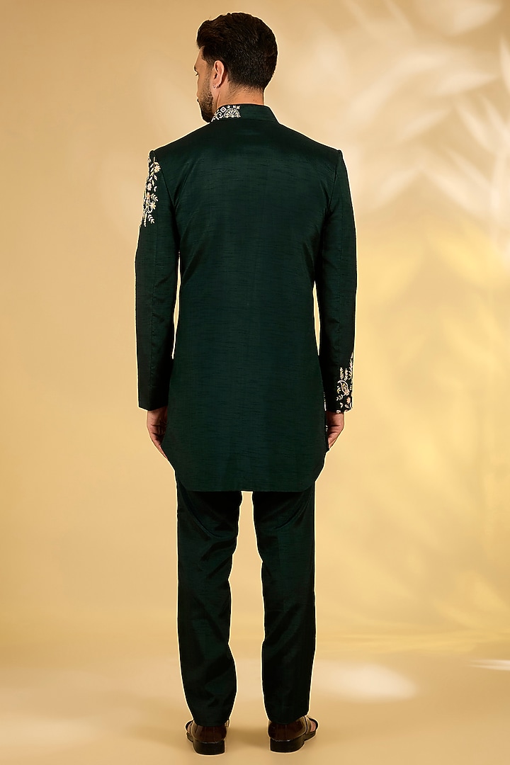 Emerald Silk Wedding Indowestern Set by Jayesh and Kaajal Shah Men at Pernia's Pop Up Shop