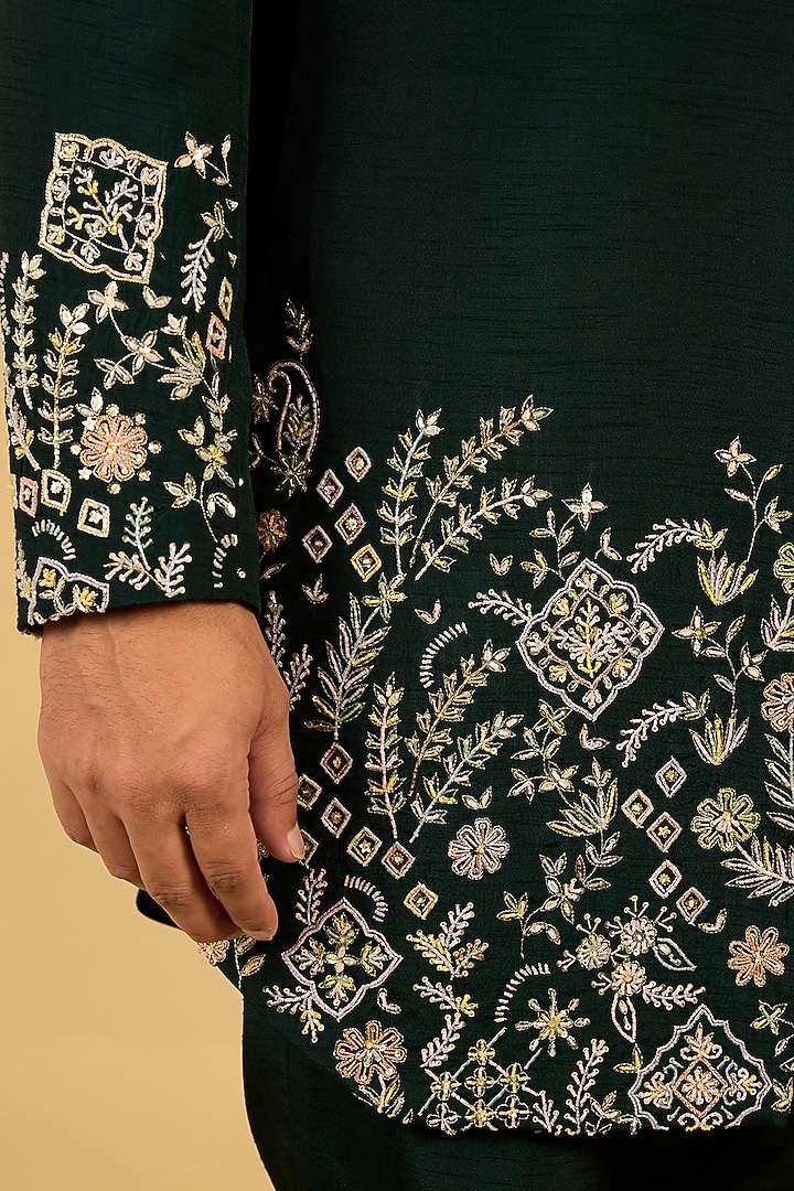 Emerald Silk Wedding Indowestern Set by Jayesh and Kaajal Shah Men at Pernia's Pop Up Shop