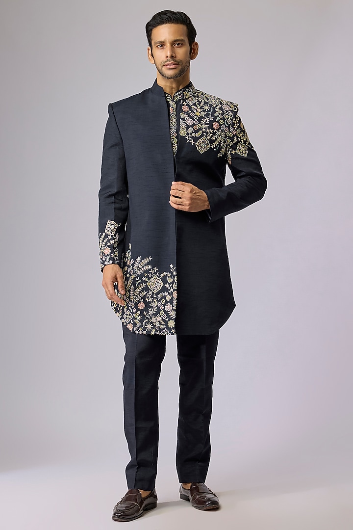 Navy Blue Polyester Indo-Western Set by Jayesh and Kaajal Shah Men at Pernia's Pop Up Shop