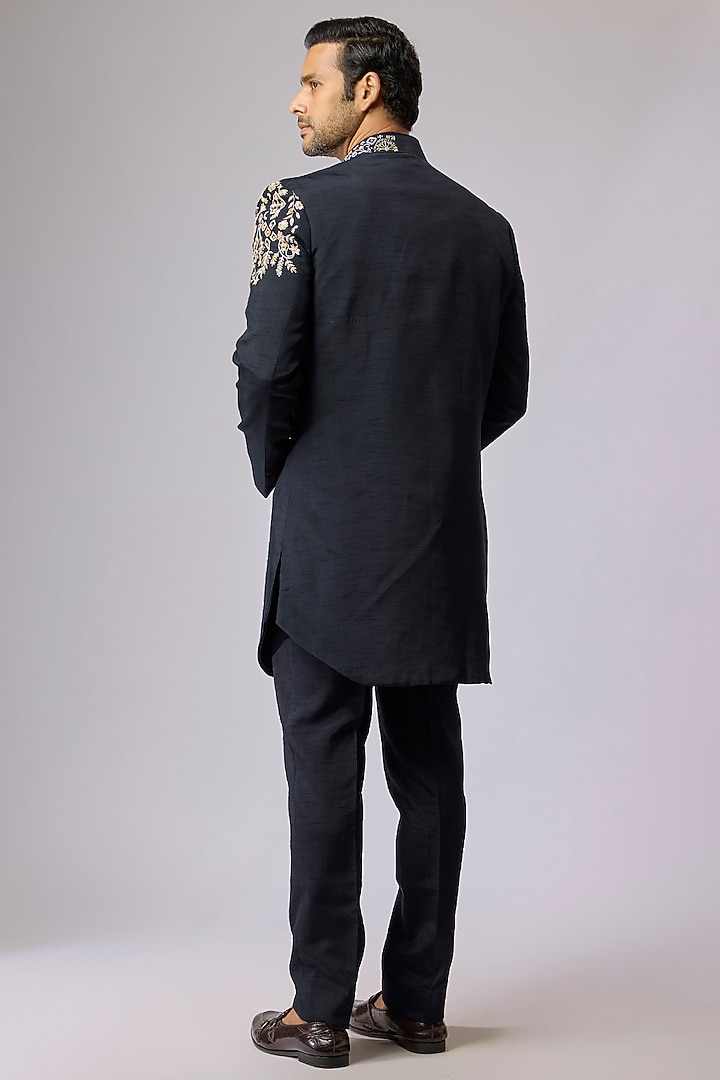 Navy Blue Polyester Indo-Western Set by Jayesh and Kaajal Shah Men at Pernia's Pop Up Shop