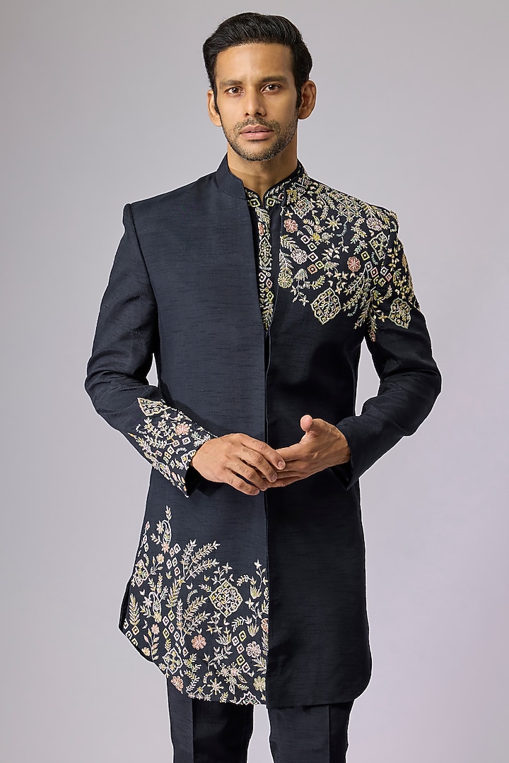 Navy Blue Polyester Indo-Western Set by Jayesh and Kaajal Shah Men at Pernia's Pop Up Shop