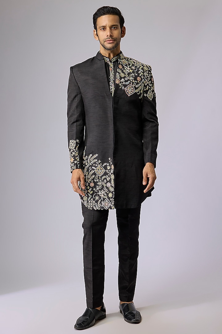 Black Polyester Indo-Western Set by Jayesh and Kaajal Shah Men at Pernia's Pop Up Shop
