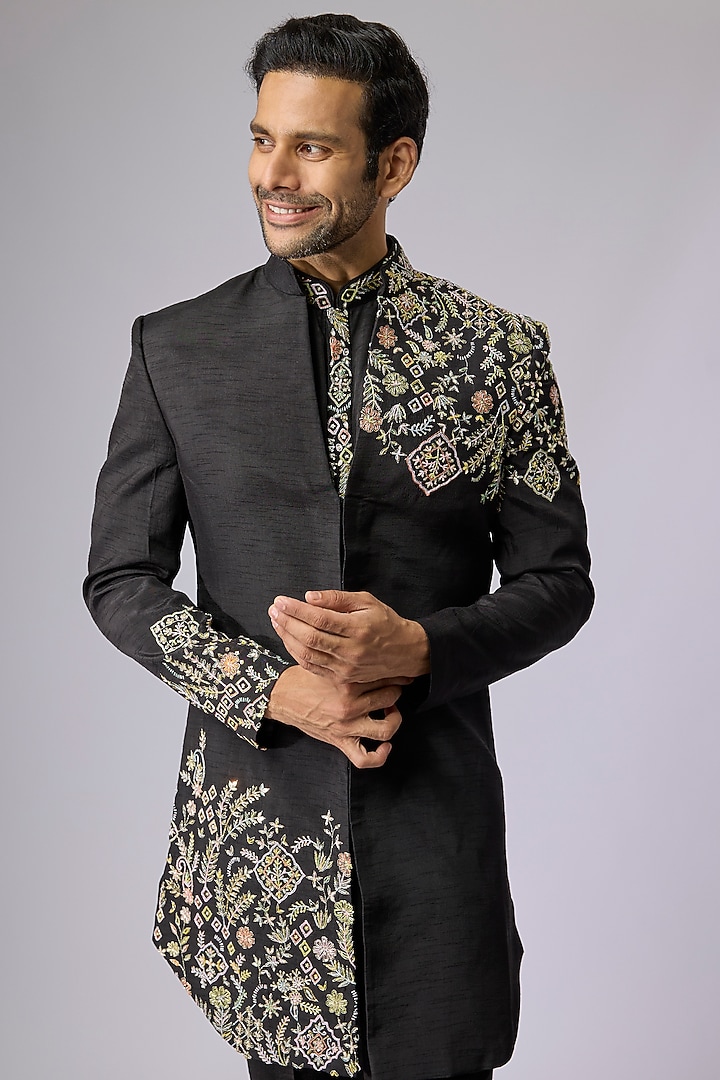 Black Polyester Indo-Western Set by Jayesh and Kaajal Shah Men at Pernia's Pop Up Shop