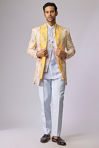 Multi-Colored Raw Silk Indo-Western Set by Jayesh and Kaajal Shah Men