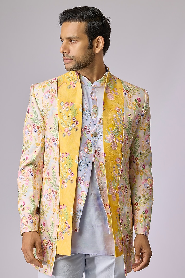 Multi-Colored Raw Silk Indo-Western Set by Jayesh and Kaajal Shah Men at Pernia's Pop Up Shop