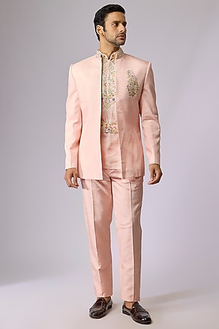 Peach Raw Silk Indo-Western Set by Jayesh and Kaajal Shah Men