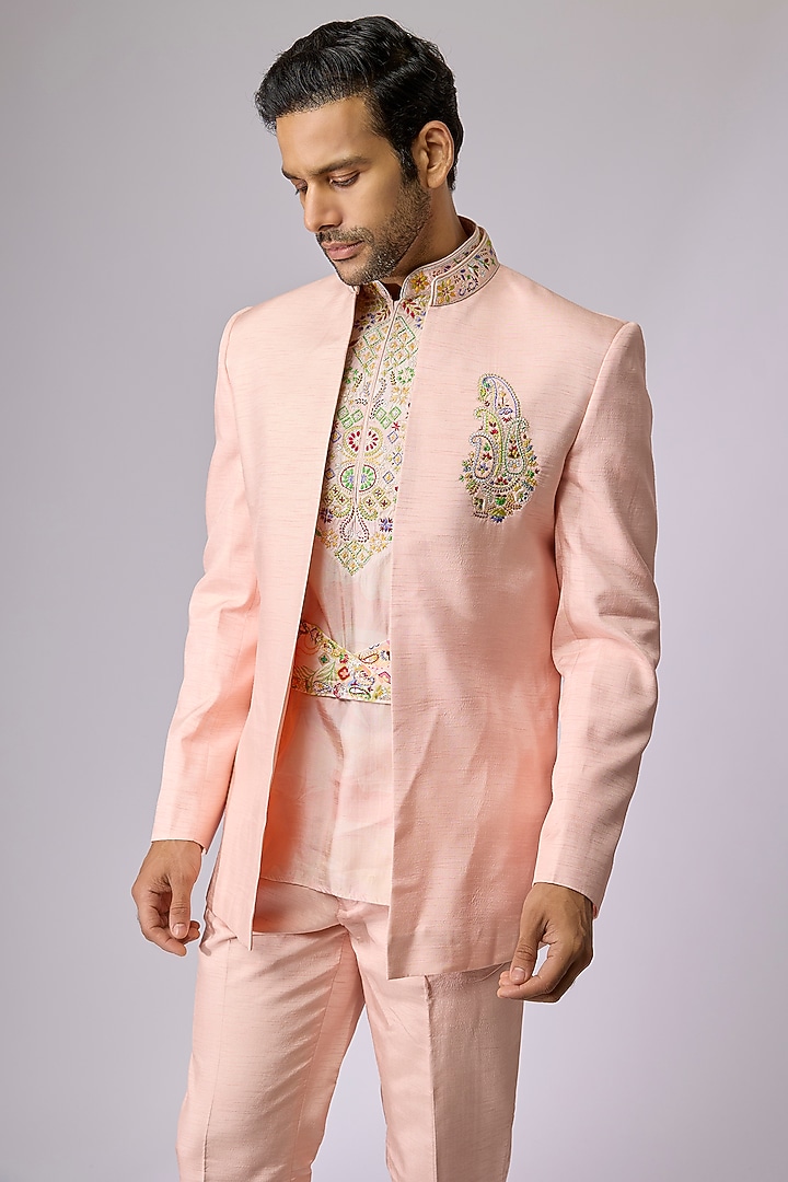Peach Raw Silk Indo-Western Set by Jayesh and Kaajal Shah Men at Pernia's Pop Up Shop