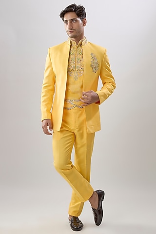 Yellow Silk Indowestern Set by Jayesh and Kaajal Shah Men