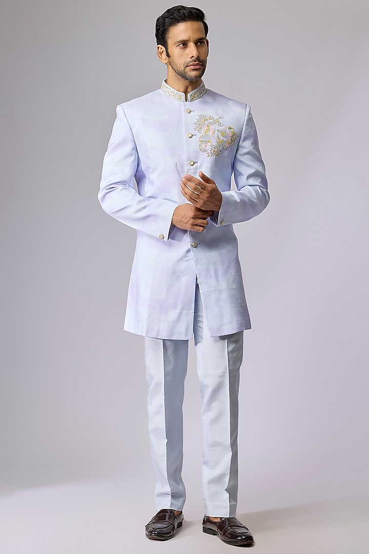 Sky Blue Silk Indo-Western Set by Jayesh and Kaajal Shah Men at Pernia's Pop Up Shop