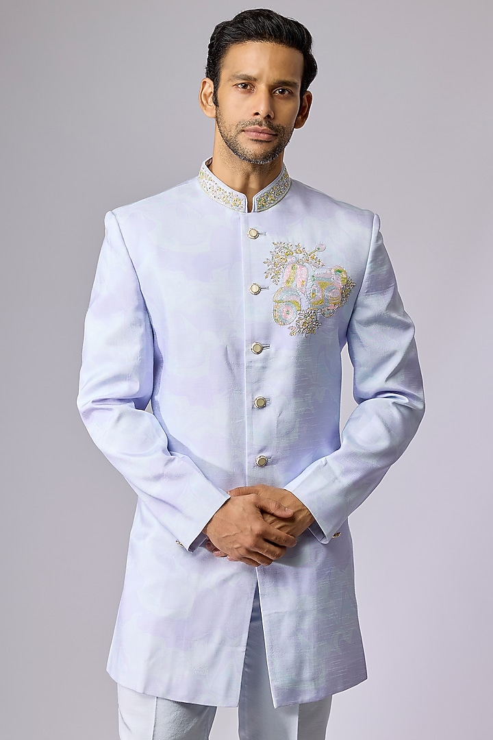 Sky Blue Silk Indo-Western Set by Jayesh and Kaajal Shah Men at Pernia's Pop Up Shop