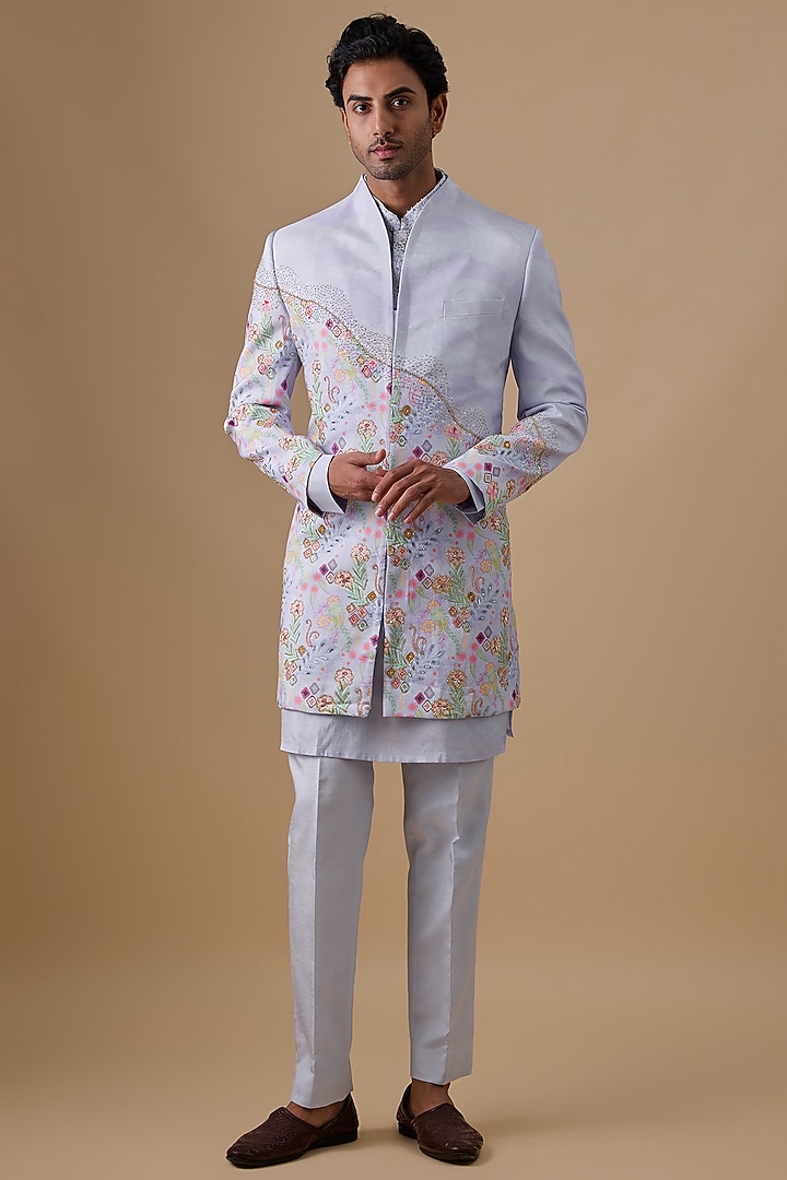 Sky Blue Silk Embroidered Indo-Western Set by Jayesh and Kaajal Shah
