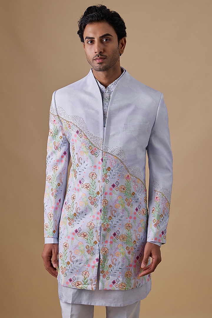 Sky Blue Silk Embroidered Indo-Western Set by Jayesh and Kaajal Shah Men at Pernia's Pop Up Shop