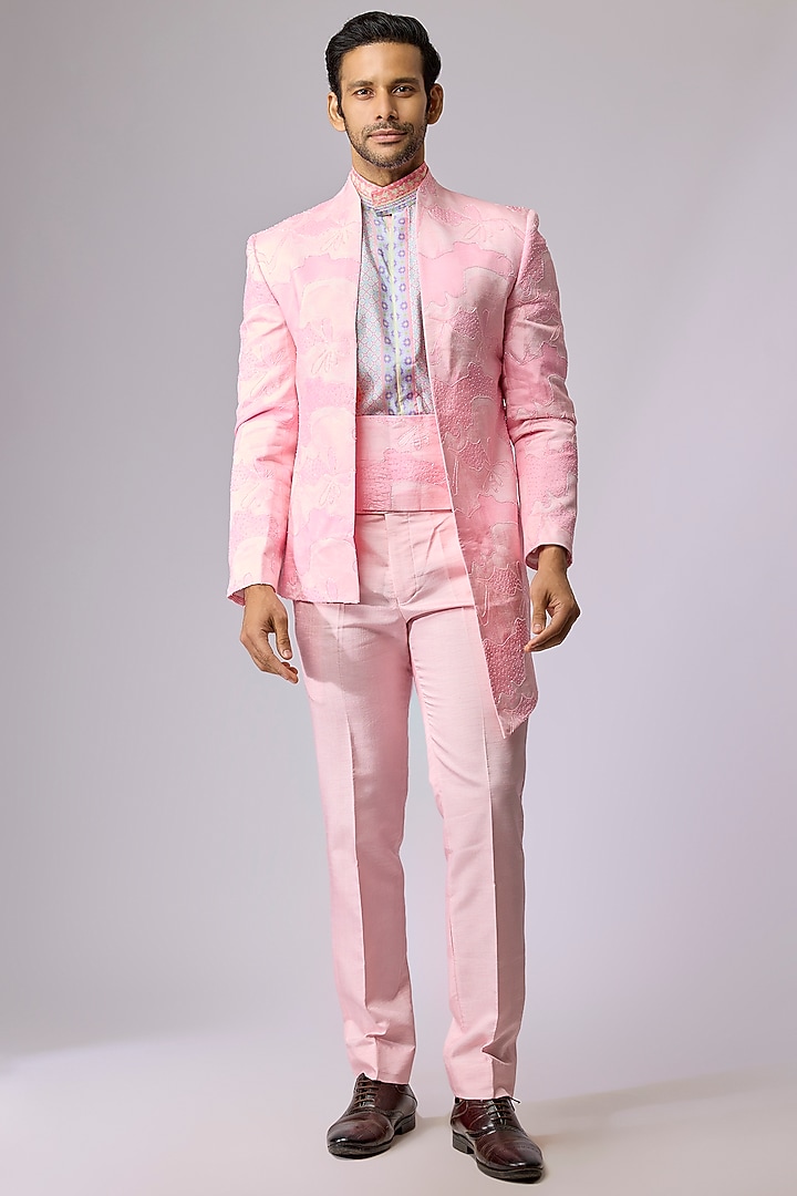 Pink Raw Silk Indo-Western Set by Jayesh and Kaajal Shah Men at Pernia's Pop Up Shop