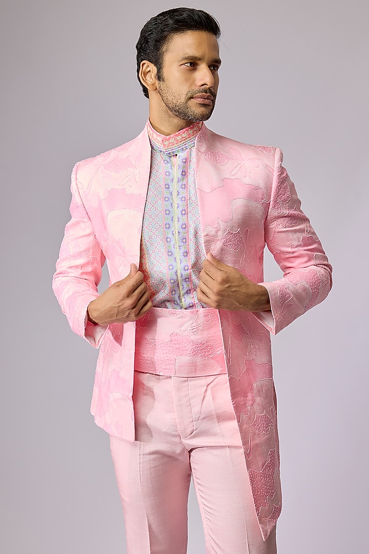 Pink Raw Silk Indo-Western Set by Jayesh and Kaajal Shah Men at Pernia's Pop Up Shop