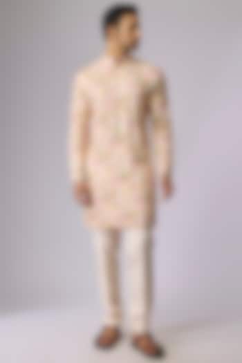 Peach Dupion Silk Kurta Set by Jayesh and Kaajal Shah Men at Pernia's Pop Up Shop