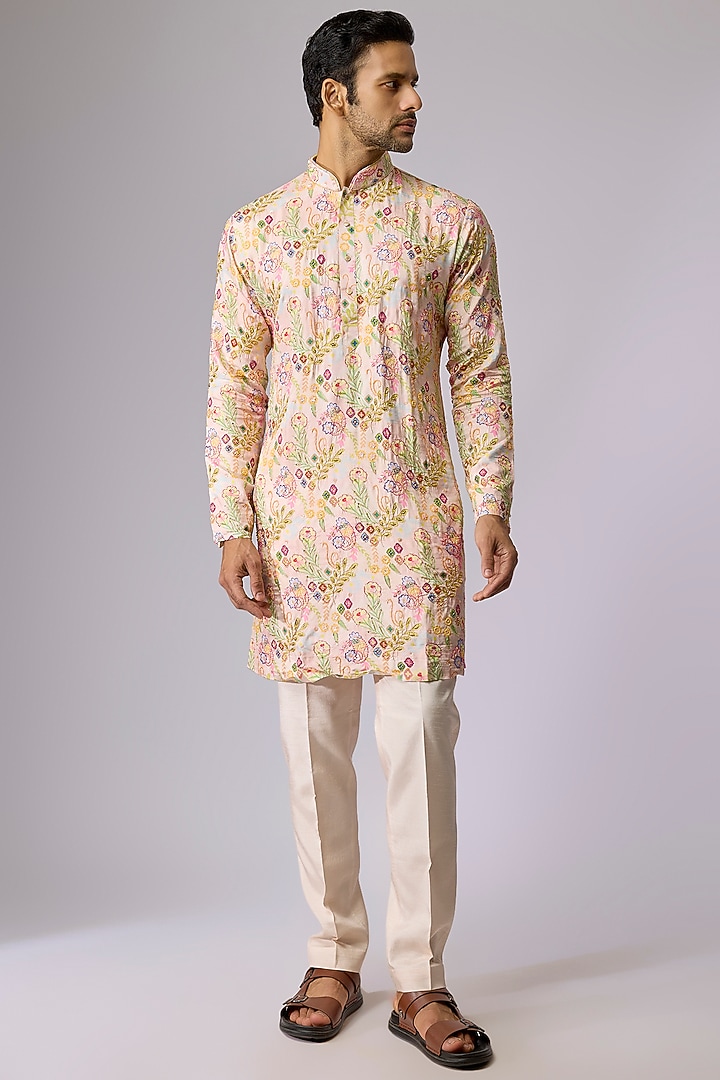 Peach Dupion Silk Kurta Set by Jayesh and Kaajal Shah Men at Pernia's Pop Up Shop